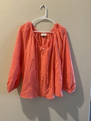 Universal Thread L Coral V-Neck Tie Long Sleeve 100% Cotton Tunic Blouse