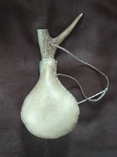 Shaped Rawhide Shot Bag Ball Flask With Antler Plug, Black Powder, Handmade, L#2