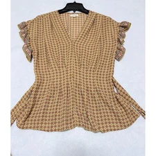 MAX STUDIO Women's Size L Gold Geometric Print Flutter Sleeve V Neck Peplum Top