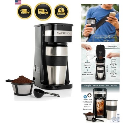 Black Personal Single Serve Coffee Maker with 14oz Travel Mug, Drip Small Cof...