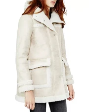 Maje Women's Gazelle Faux Shearling Hooded Coat Sz 40 Beige Tan $570