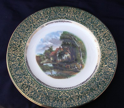Vintg 50s Homer Laughlin Gold/Green Rand Village Szene Muster 8266 10'' Teller