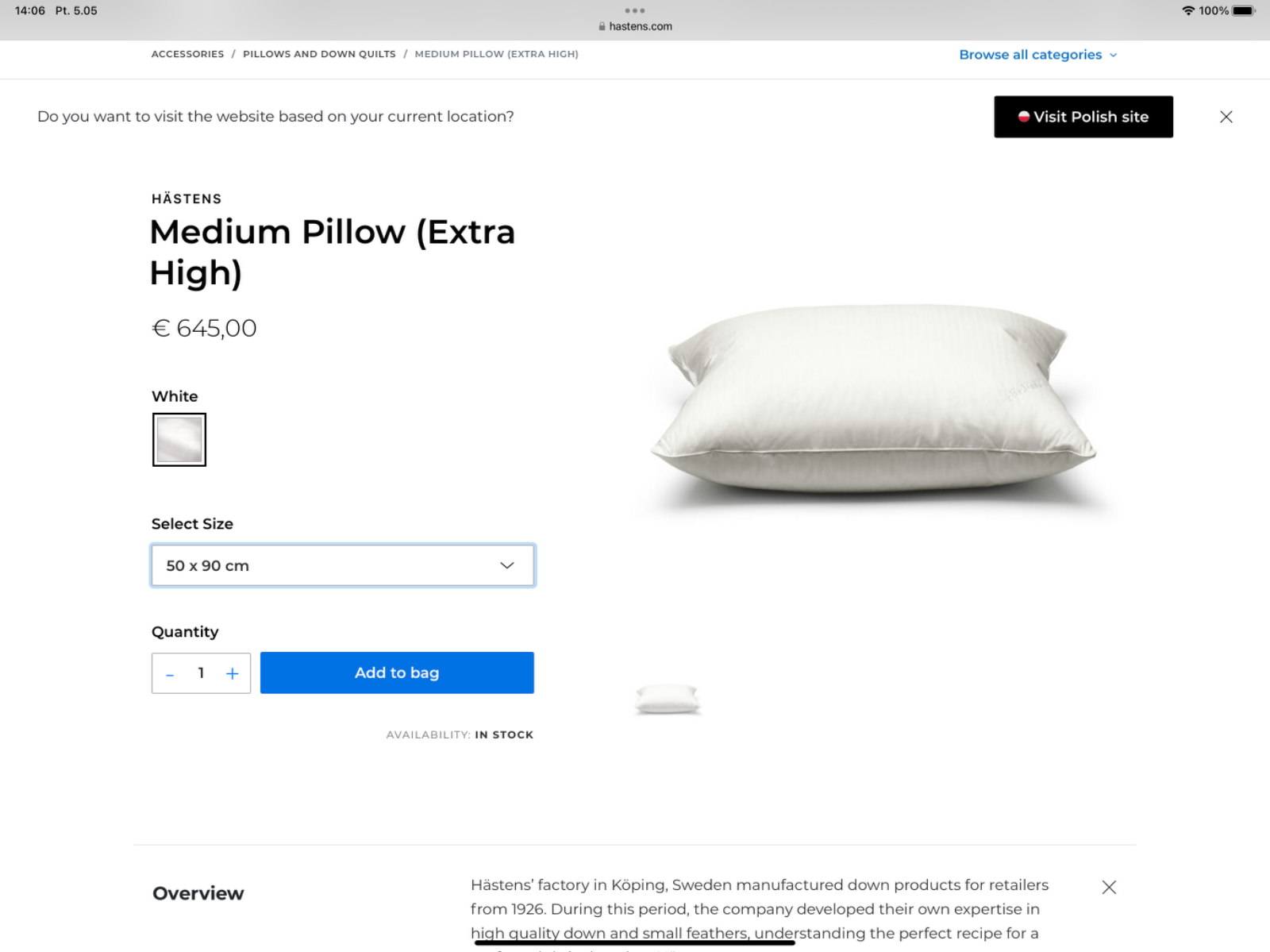 Hastens Pillow Etra High Medium 50x90cm eBay