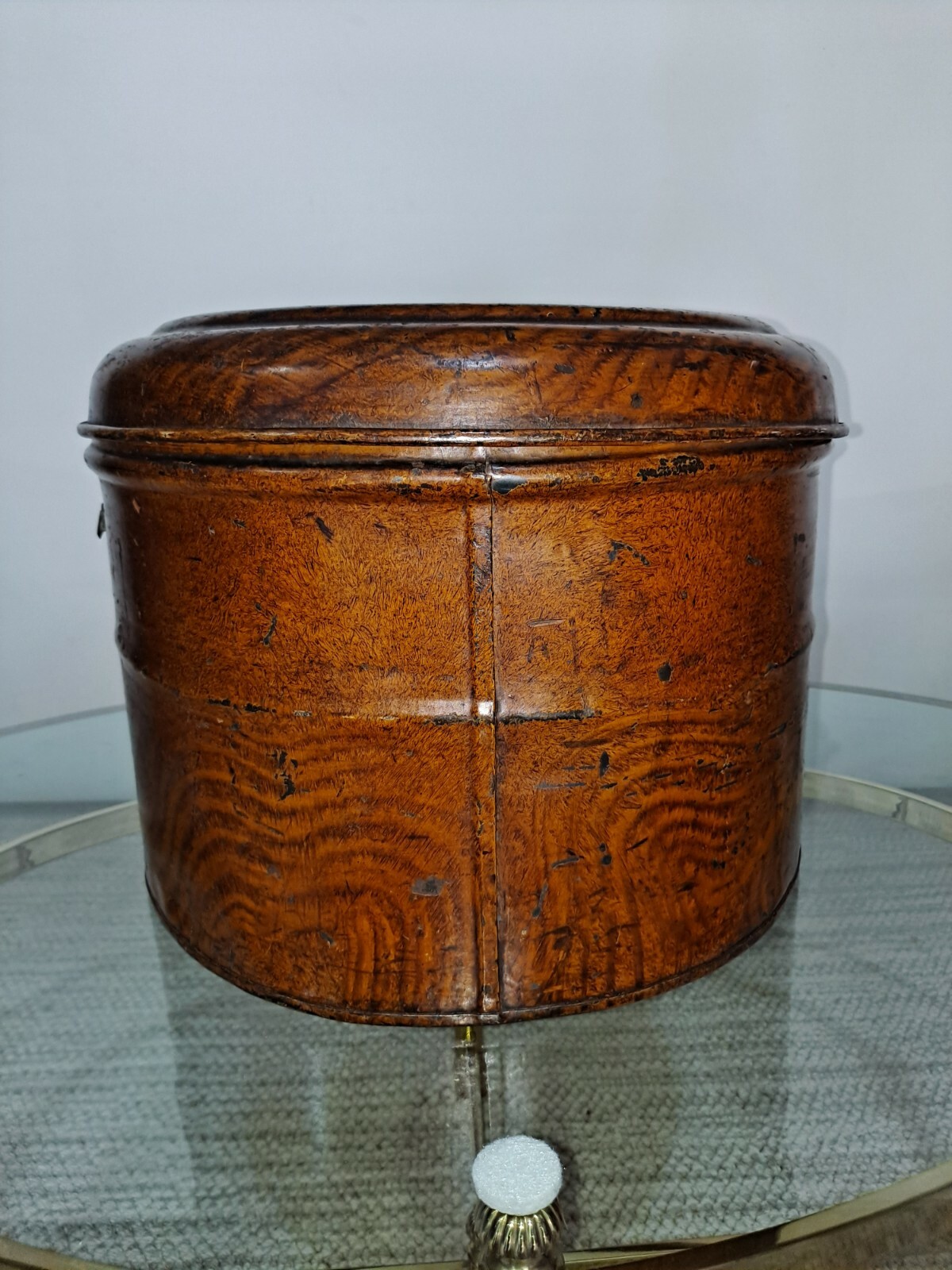 ANTIQUE RARE 1800S METAL HAT BOX, LARGE & ORIG. Gem