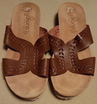 YOKONO Women's Size 9 Flat Sandals Brown Leather Sock Slip-On