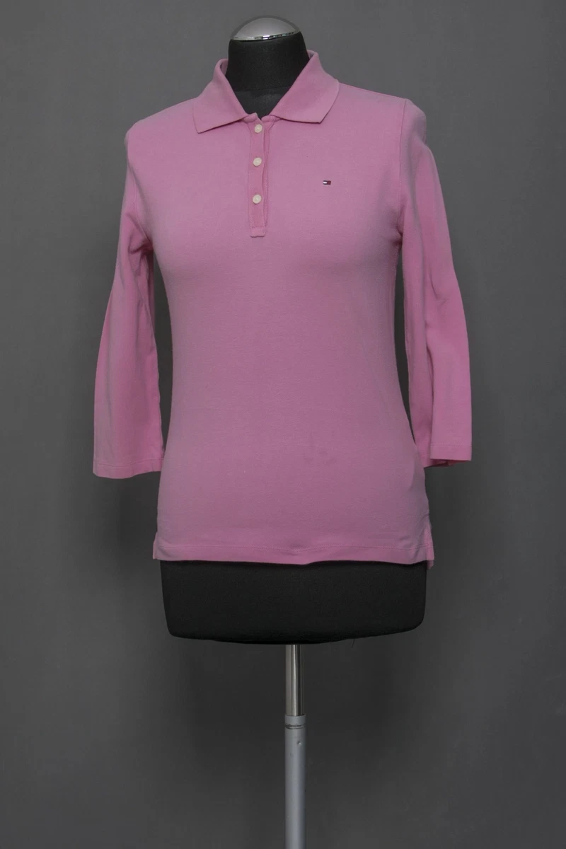 Tommy Hilfiger Ladies Polo Shirt M Purple Lilac 3 4 Arm Pique Stretch