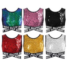 Kids Girl's Vest Dance Blouse Festival Crop Top Show Vests Disco Tops Sparkling