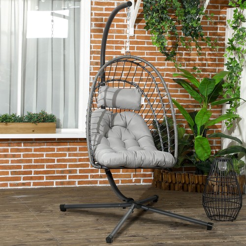 Outsunny Sedia Sospesa a Uovo Rattan PE con Cuscino e Seduta Pieghevole Grigio - Foto 2 di 10