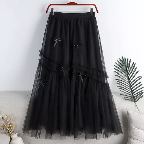 Damen Netz Tüll Rock Lagenlook Hoch Gummibund A-Linie Plissee Swing Midi Chic - Bild 15 von 23