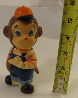 ALPS Monkey Bobble Head Vtg Wind Up Plastic Baseball Spinning Tail Chimp 60s Toy