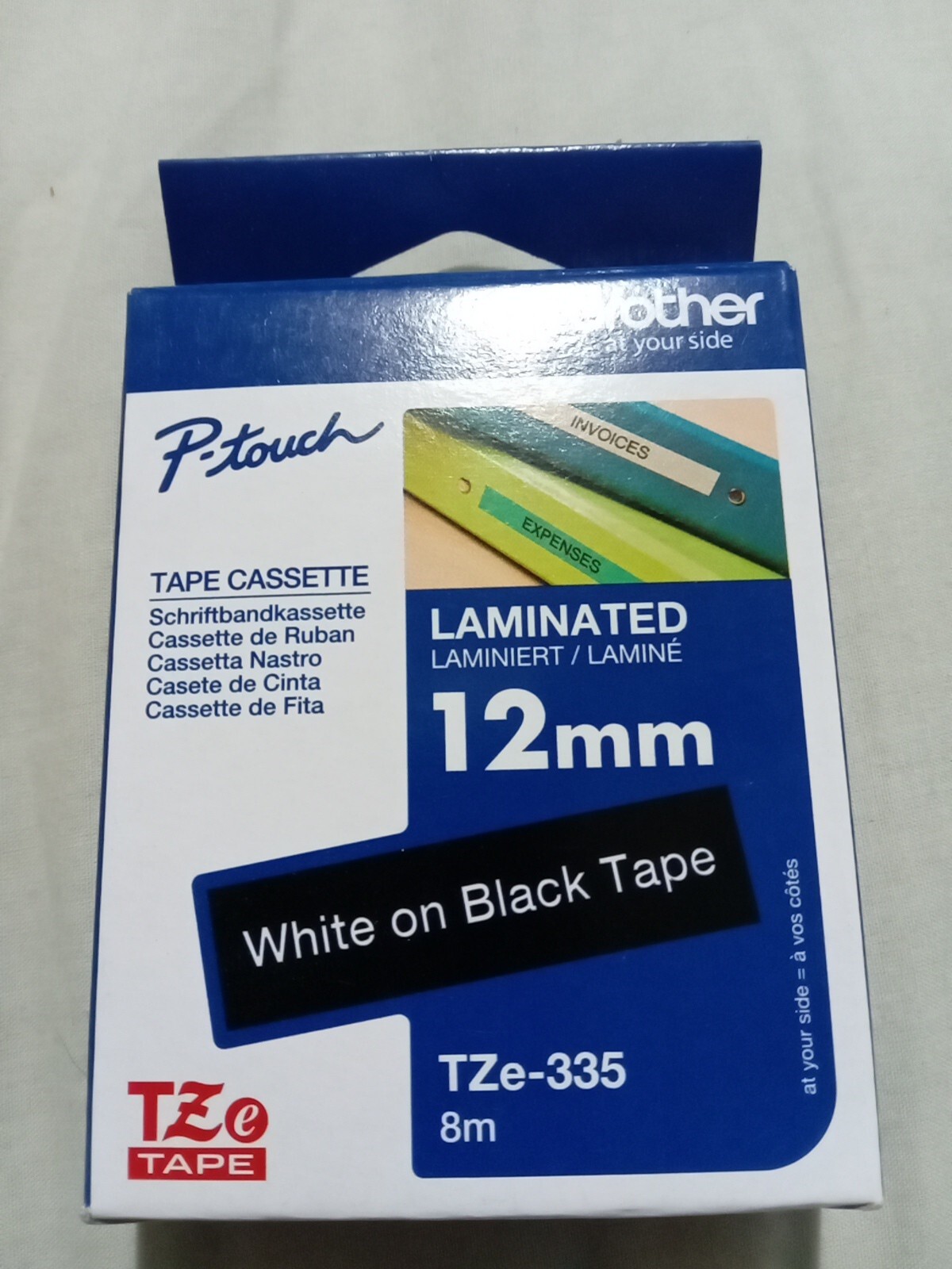 Brother TZe-335 P Touch Label Tape - 12mm White on Black Laminated Tape TZ-335