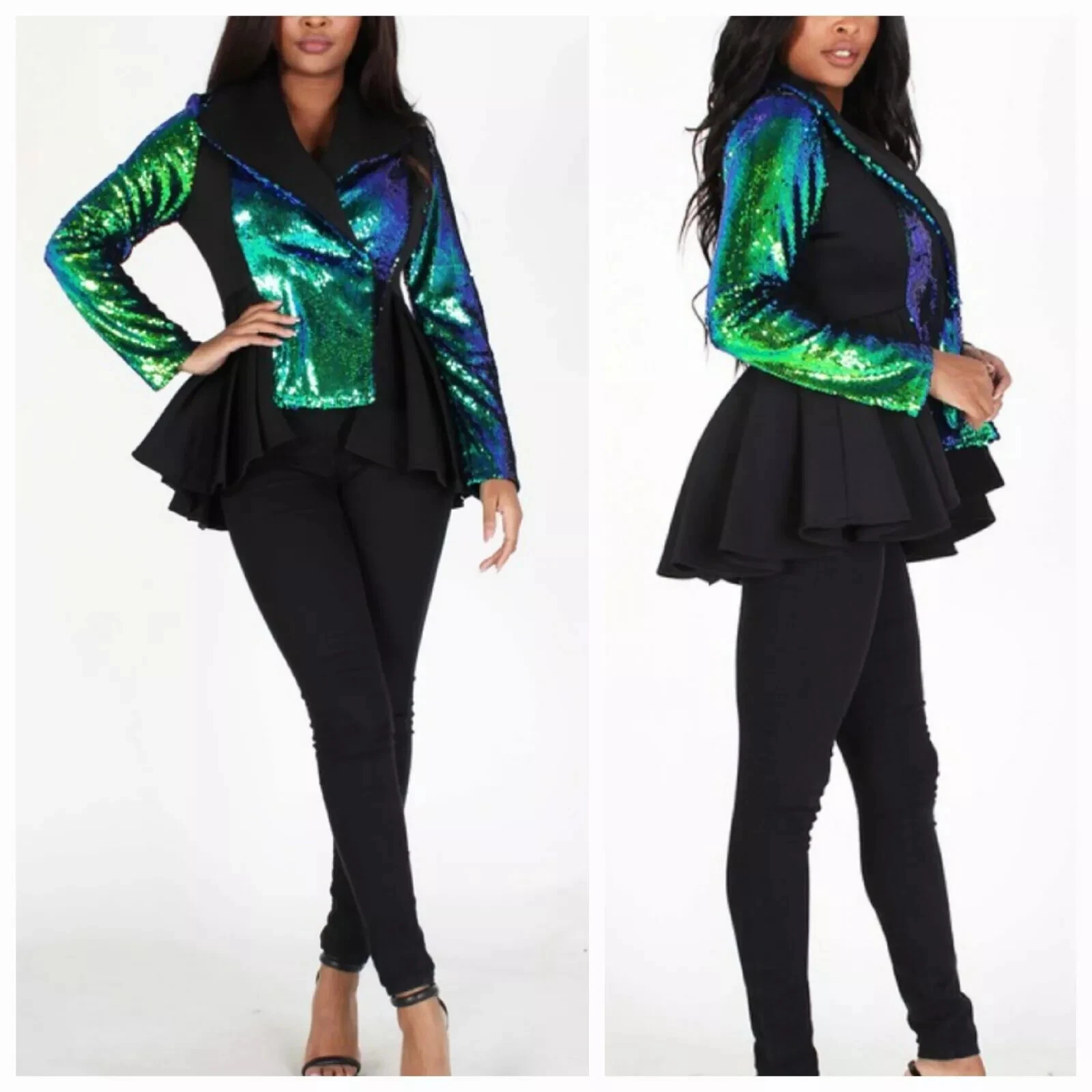Eien V-Neck Wide Collar Peplum Mermaid Sequin Jacket Black size M NWT $97.99