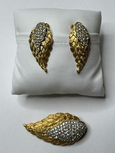Authentic Benedikt NY Gold Plated Paved Crystal Leaf Brooch / Patent Pending Earrings