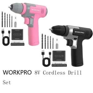 WORKPRO 8V Cordless Drill Set, 2Ah Electric with 3/8'' Keyless Chuck Pink/Black