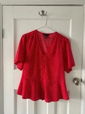 New Look Red Peplum Blouse with White Polka Dots (Women's Size UK 10)