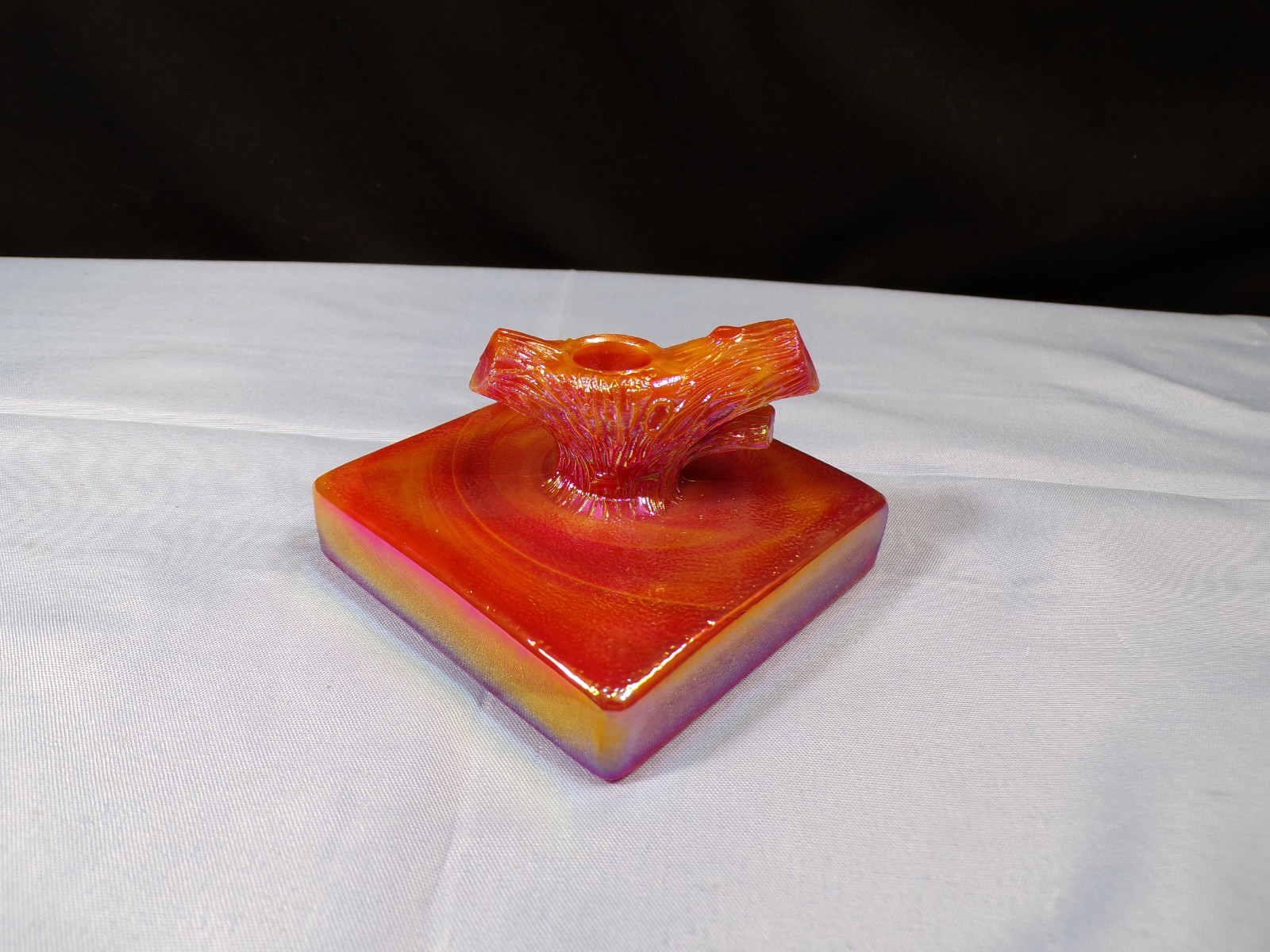 Westmoreland Summit Orange Carnival Slag Glass Bird Butterfly Branch Base GLOWS
