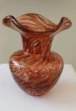 Vintage Art Glass Vase In Red And Gold. 9cm Tall.