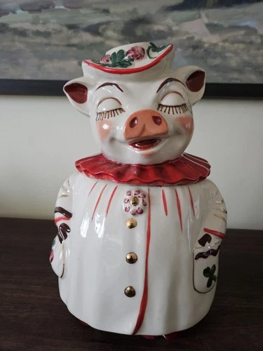 Shawnee USA Pottery Winnie The Pig Red Collar Strawberry Hat Cookie Jar 1940s