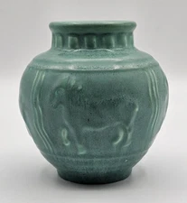 1945 Rookwood Pottery Four Panel Wild Horses 4.5" Vase Matte Green - EUC