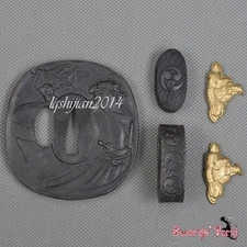 Stainless Steel Tsuba Set Hand Guard Kashira Fuchi Brass Menuki Sword Accessary