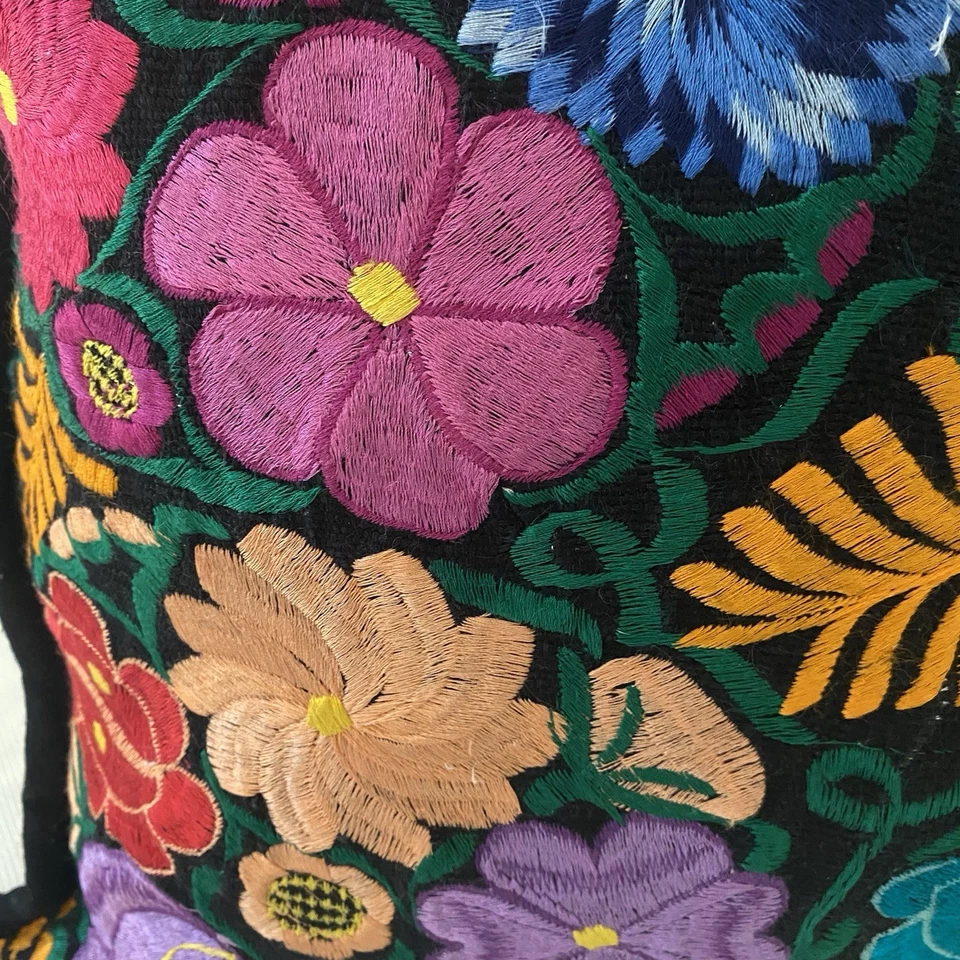 Mexican Feather Pillow Chiapas Handmade Embroidered Floral Decorative Zipper 17” - Image 4 of 4