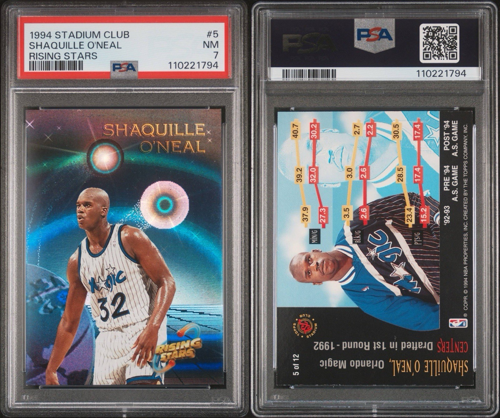 1994 Shaquille O’Neal Stadium Club Rising Stars #5 PSA NM 7 view 3