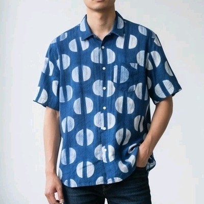 Kardo Lamar Half Moon Dot Shibori Men s Shirt Camp Collar Indigo-White Sz XXL 