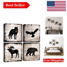 Rustic Wildlife Cabin Wall Art - 4-Piece Mountain Animal Canvas Set