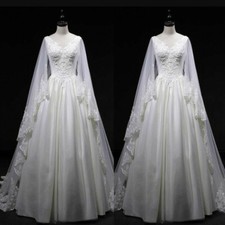 Vintage Fairy Wedding Dresses V Neck with Long Sleeve Cape Appliques Bridal Gown