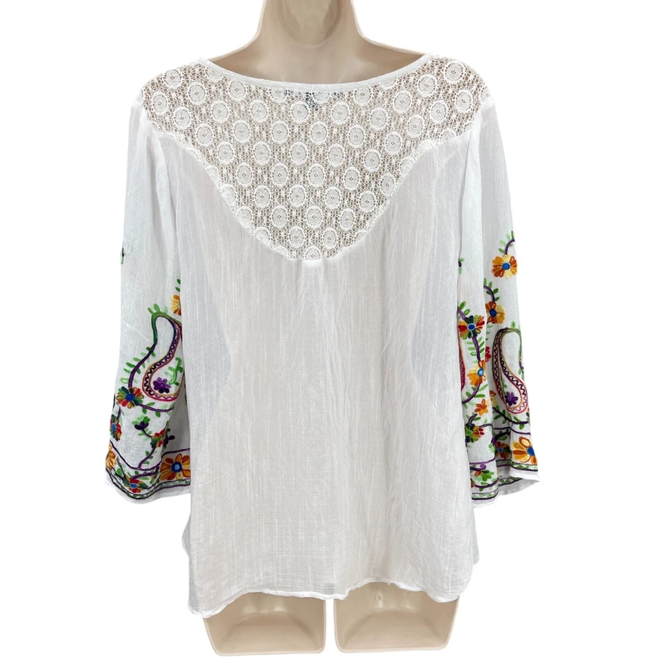 Túnica Valerie Stevens Bordada Campesina Boho Encaje Bohemio Floral Top Transparente M Foto 2 de 4