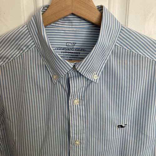 Vineyard Vines Performance Whale Shirt Mens Medium Blue White Striped Stretch - Picture 2 of 8