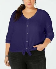 New Style&co. Women's Plus Size 1X Midnight Iris Waffle Knit V-Neck Thermal Top