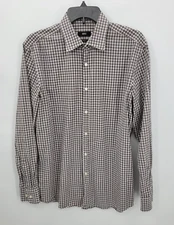 Hugo Boss Shirt Mens 16 Brown White Plaid Long Sleeve Button Up Preppy Office