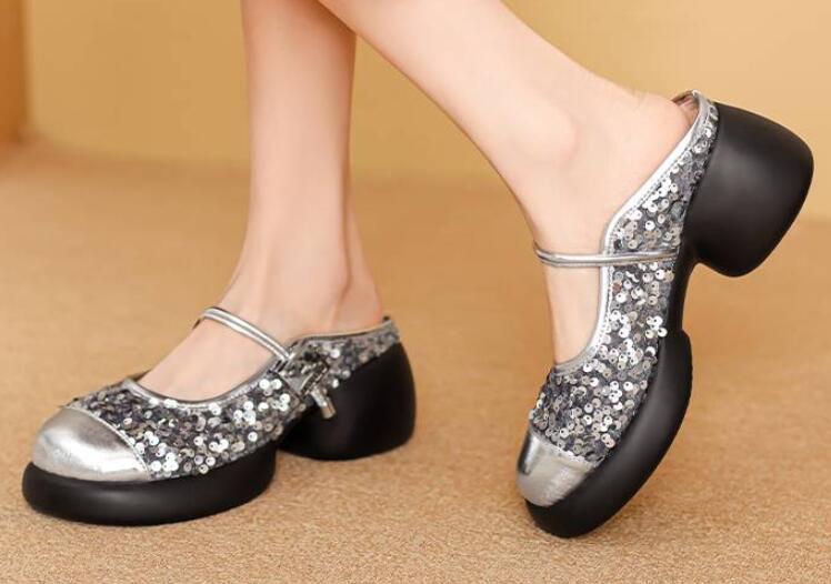 PANTOFOLA D’ORO Scarpe ciabatte donna sexy moda punta tonda paillettes pelle slip on tacco a blocco