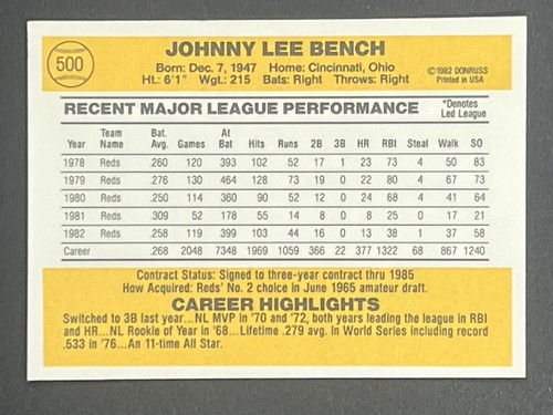JOHNNY BENCH 1983 Donruss #500 Cincinnati Reds HOF - Picture 2 of 2