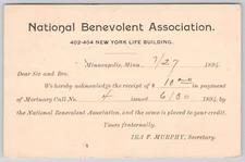 1892 National Benevolent Association Payment Receipt Postcard