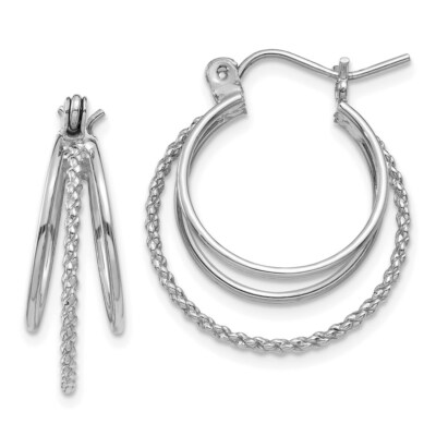 Real 14kt White Gold Polished and Textured Circle Hoop Earrings