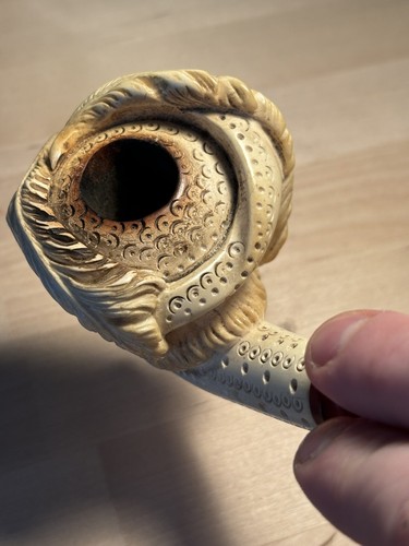 Genuine Block Meerschaum Levent Bent Billiard Feathered Hat Man Lattice W/ Case - Picture 7 of 19