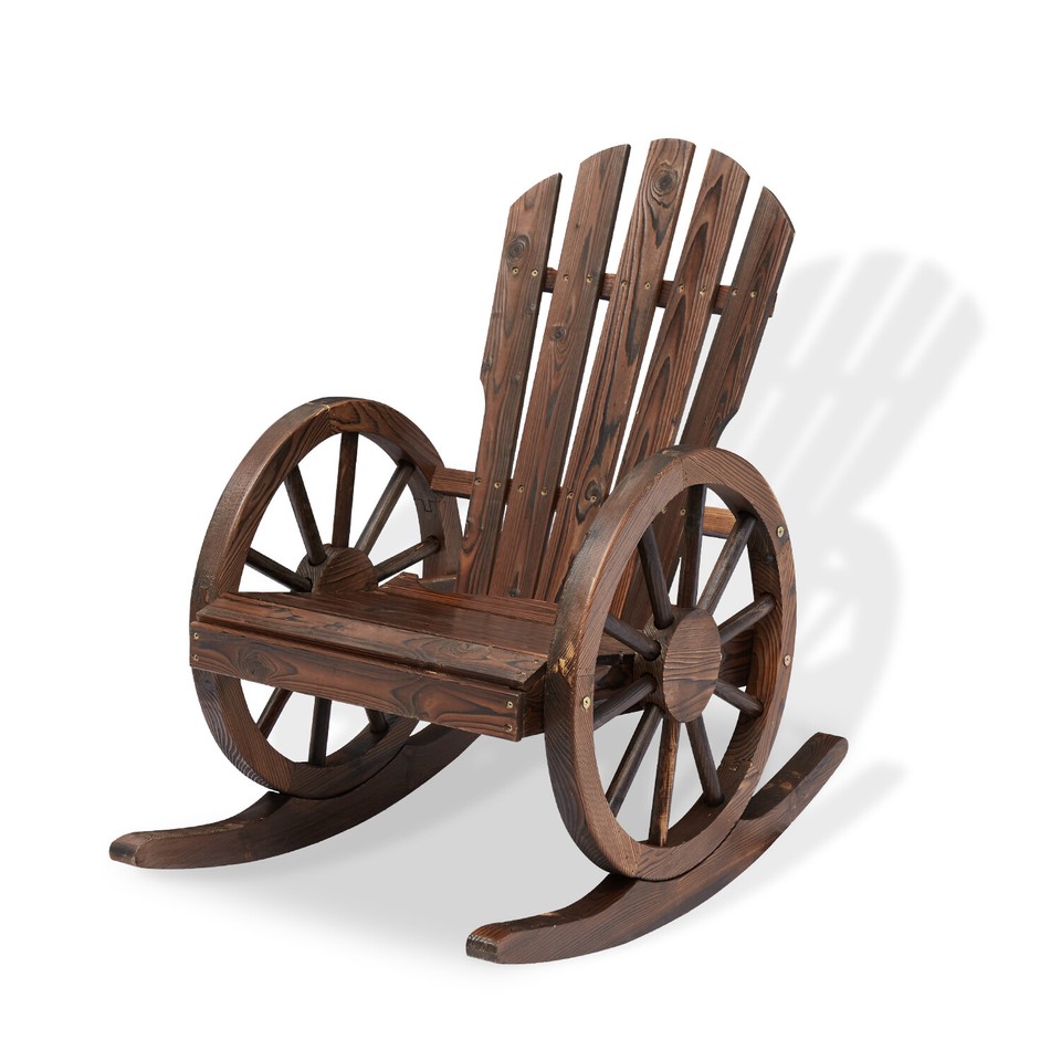 Wooden Rocking Chair with High Back Wagon Wheel Bench Patio Porch ...