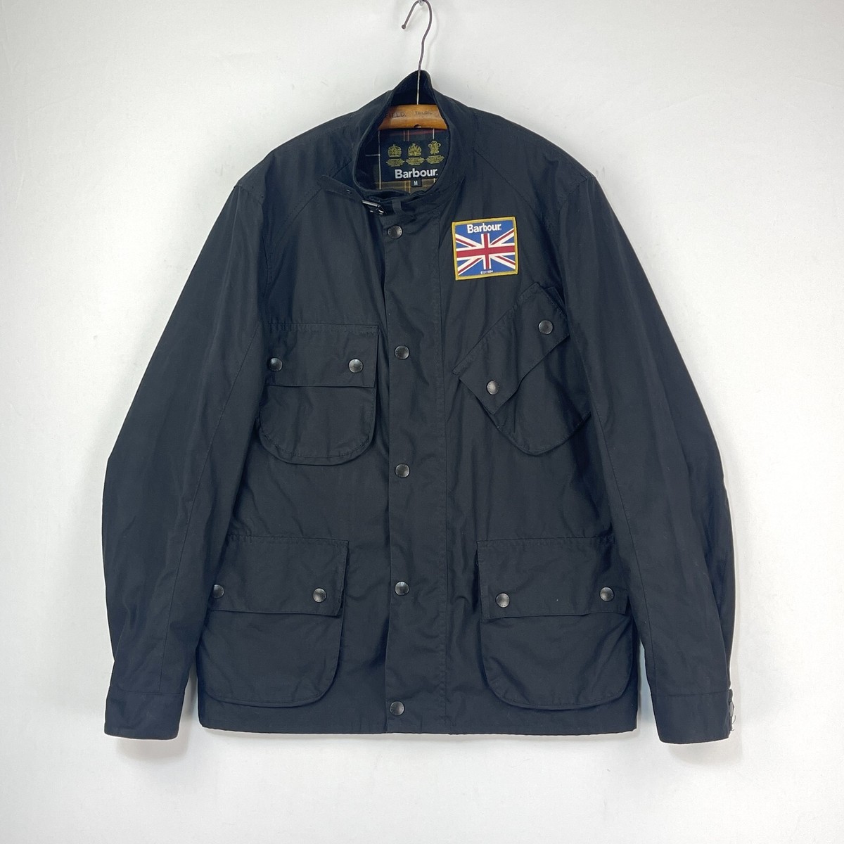 Barbour International Wax Jacket Mens Medium Black A7 Union Jack