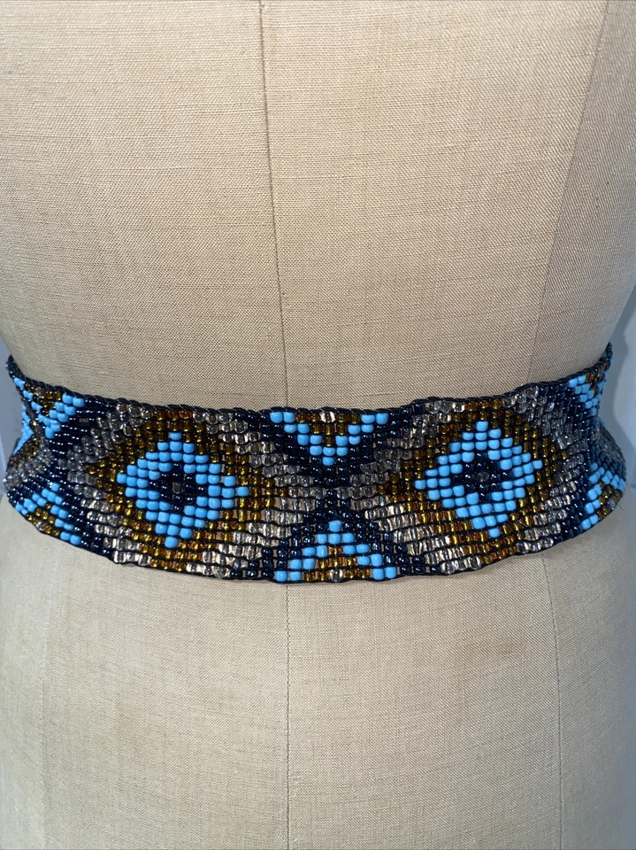 Southwest Themed Blue Beaded Stretch Belt Wooden Clasp, See Photos 2.5”x30.5” - Image 3 of 4