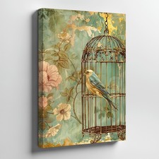 Antique Style Bird In Cage Floral Canvas Wall Art Vintage Decorative Print