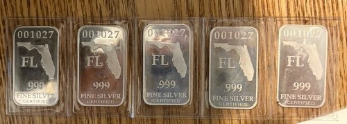 5- 50 State Minimum Florida 1/2 oz 0.999 Fine Silver Bar Sealed Low  #001027