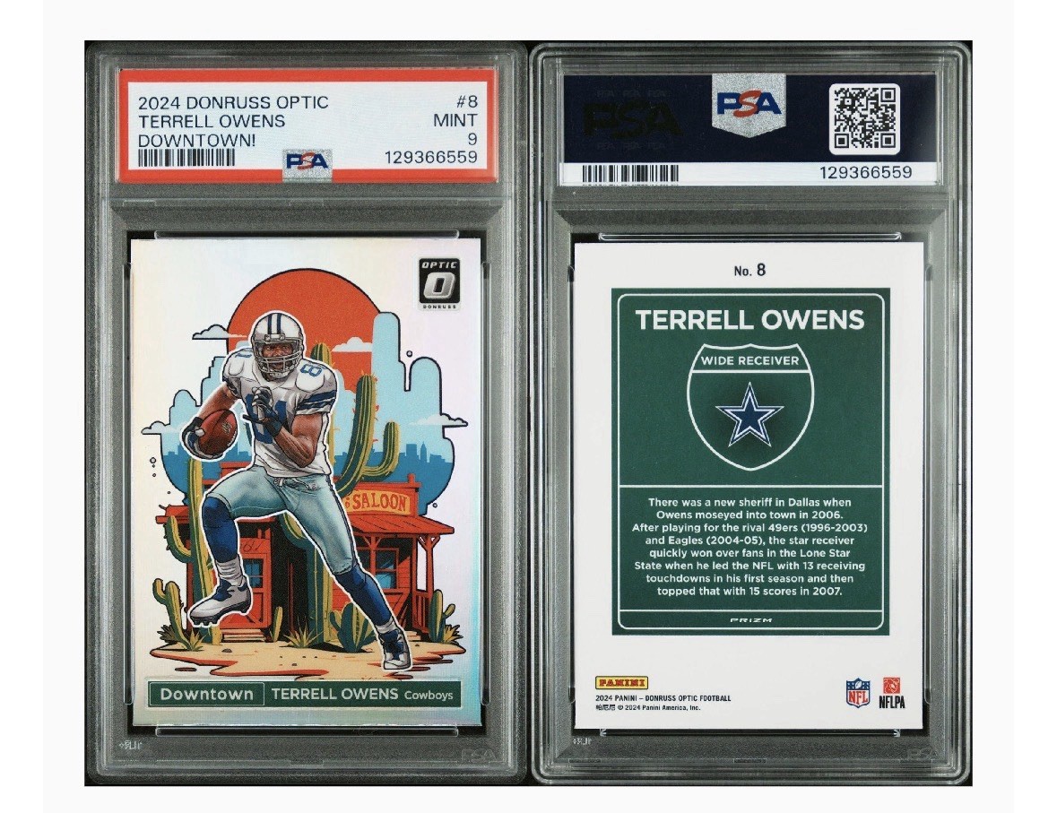 🔥TERRELL OWENS 2024 Panini Donruss Optic Downtown! SSP #COWBOYS! #PSA 9 MINT!🔥