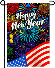 New Year Garden Flag 12X18 Inch Happy Year Fireworks American Flag Celebration F