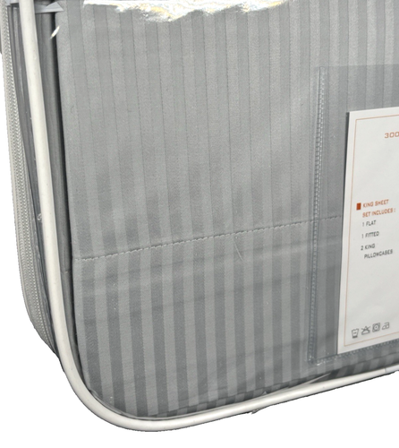 Bellino KING Stripe Sateen Sheet Set 100% Cotton Italy 300TC Gray Silver Sheen - Picture 7 of 14