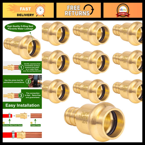 1/2" Copper Press to PEX Crimp Brass Adapter, Lead-Free Fittings, 10 Pack