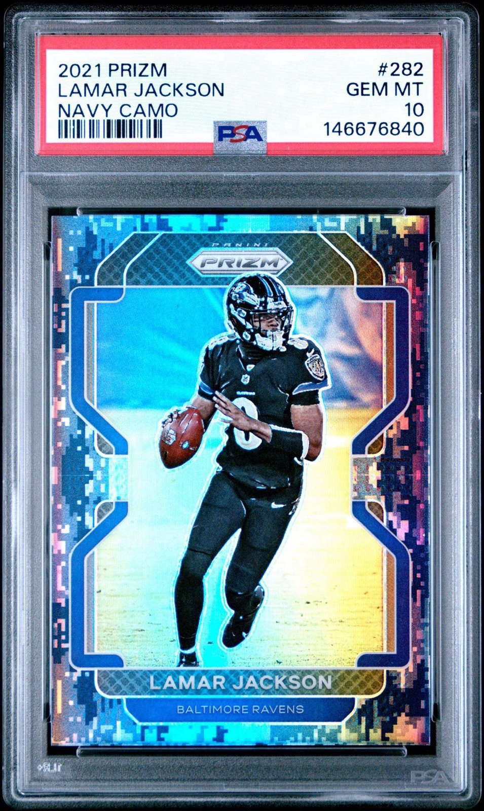 Lamar Jackson - 2021 Panini Prizm 282 Navy Camo 02/25 SSP PSA 10