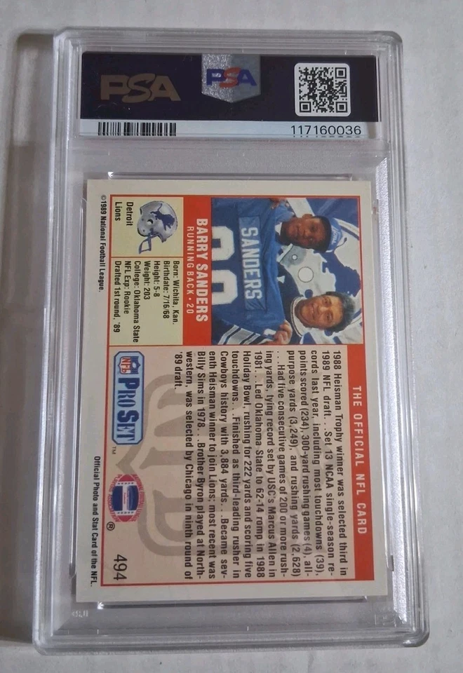 NFL Pro Set 1989 Barry Sanders Rookie RC #494 Lions PSA 9 como nuevo patio bonita tarjeta Foto 2 de 2