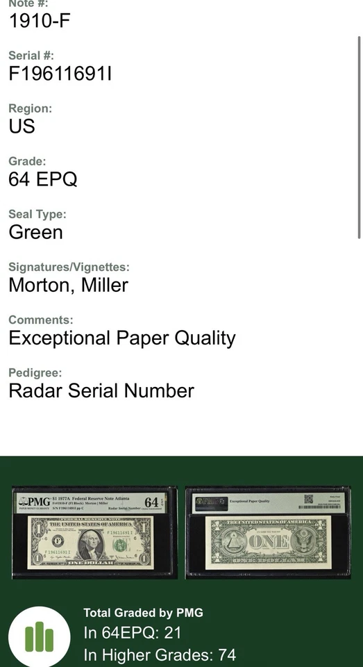 1977A $1 Atlanta FRN PMG 64 EPQ Radar Serial F19611691I Choice Unc Fancy Birth - Image 3 of 3